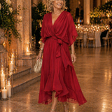 Wrap Midi Dress with Ruffled Hem and V-Neck