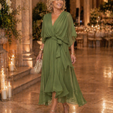 Wrap Midi Dress with Ruffled Hem and V-Neck