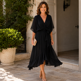 Wrap Midi Dress with Ruffled Hem and V-Neck