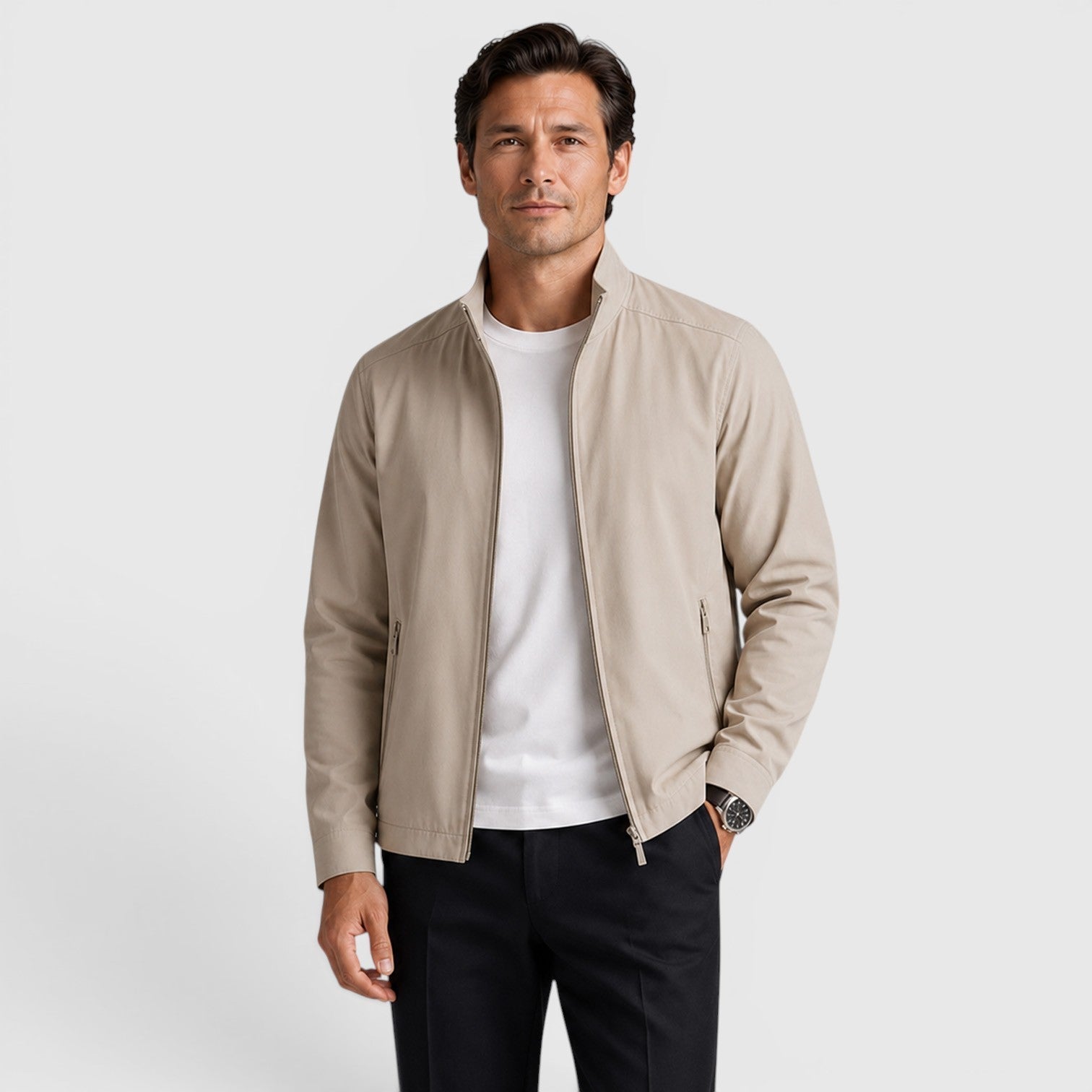 Tailored Zip-Front Jacket with Stand Collar