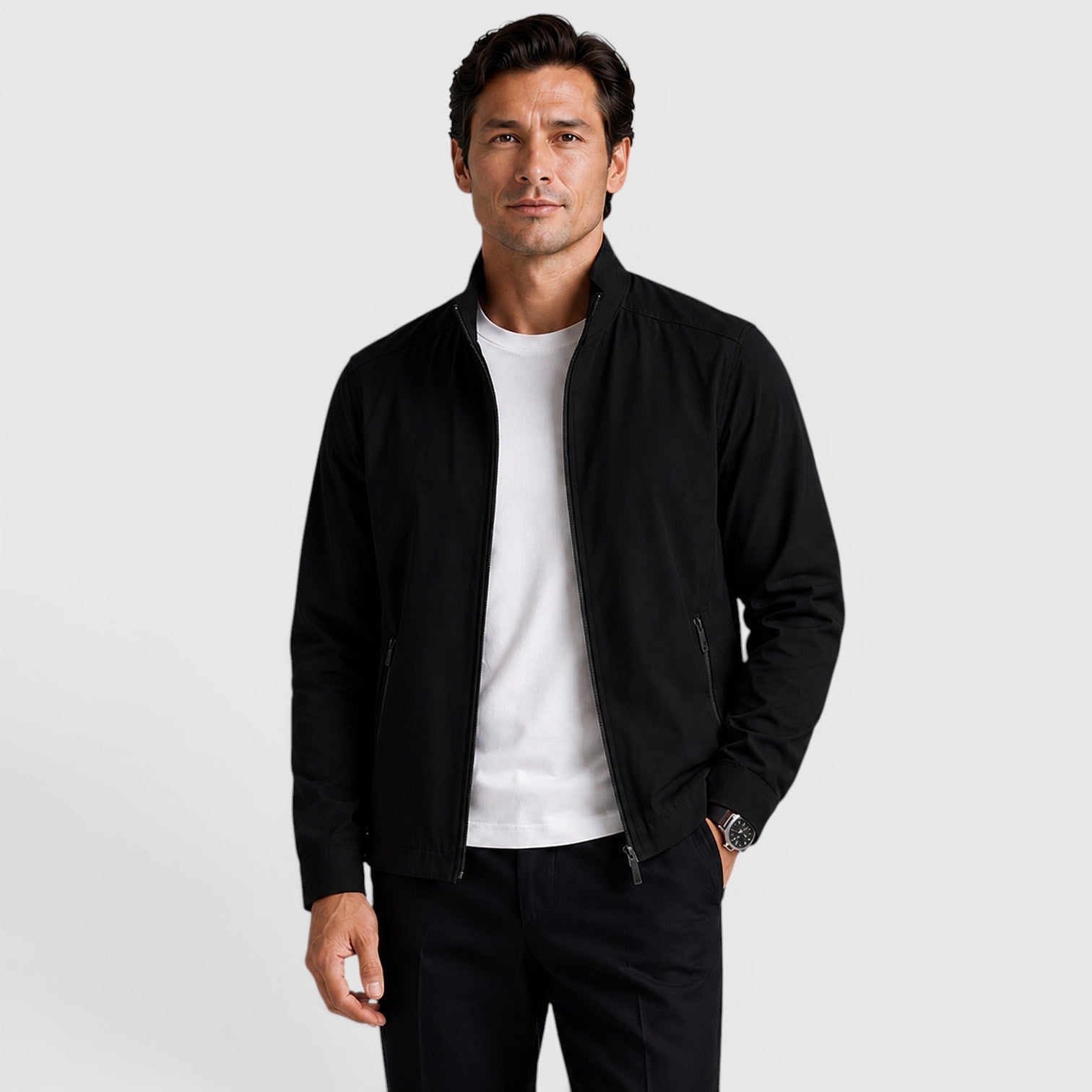 Tailored Zip-Front Jacket with Stand Collar