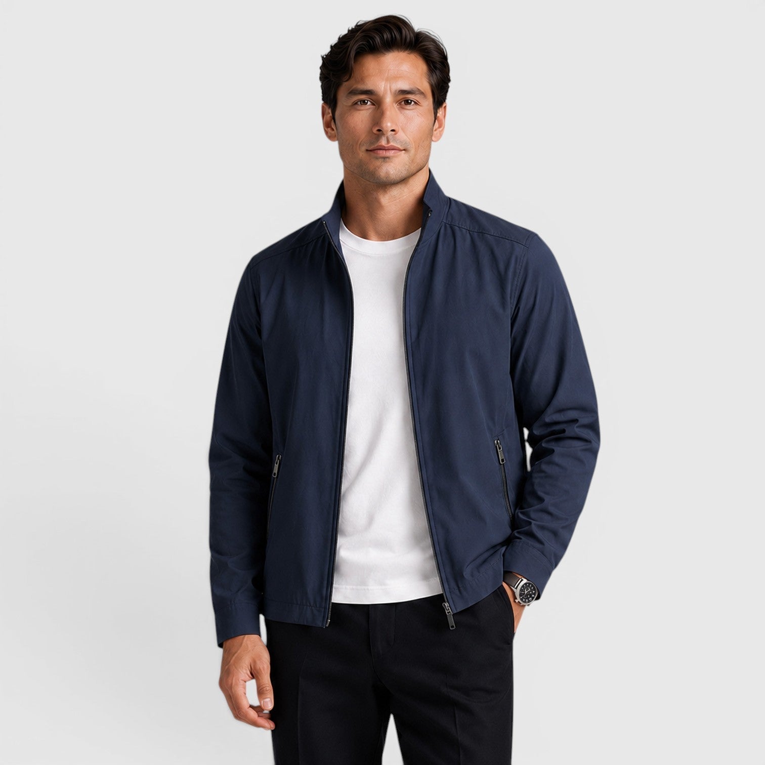 Tailored Zip-Front Jacket with Stand Collar