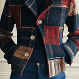 Plaid Patchwork Jacket with Button Front and Lapel Collar