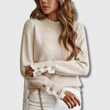 Lace Trim Knit Sweater with Round Neck