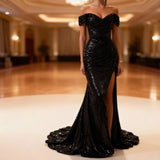 Evening Gown Dress – Women's Off Shoulder Sequin Maxi Dress with Thigh High Slit