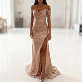 Evening Gown Dress – Women's Off Shoulder Sequin Maxi Dress with Thigh High Slit