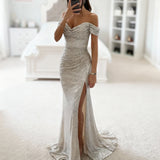 Evening Gown Dress – Women's Off Shoulder Sequin Maxi Dress with Thigh High Slit