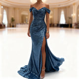 Evening Gown Dress – Women's Off Shoulder Sequin Maxi Dress with Thigh High Slit