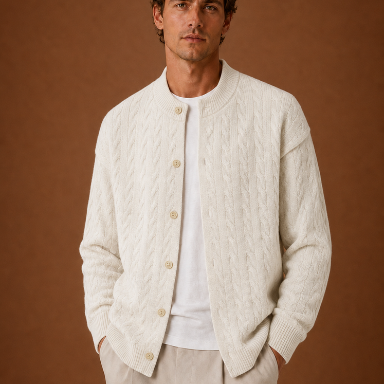 Crew Neck Cable Knit Button-Front Cardigan