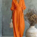 Wide-Leg Jumpsuit with V-Neck and Wrap Waist