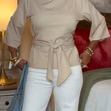 Belted Top with Boat Neck and Three-Quarter Sleeves