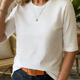 Round Neck Blouse with Half Sleeves and Straight Hem