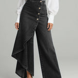 Wide-Leg High-Waisted Denim Pants with Asymmetric Wrap