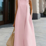 A-Line Maxi Dress with High Neck and Button Detail