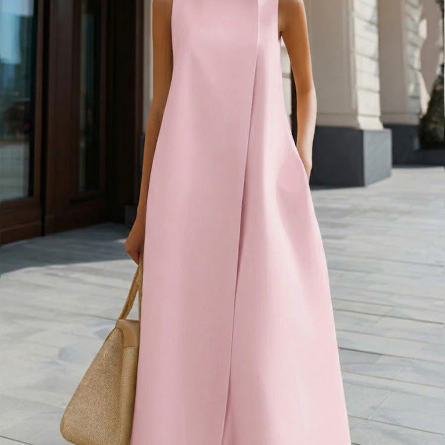 A-Line Maxi Dress with High Neck and Button Detail
