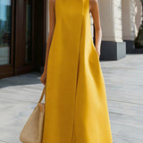 A-Line Maxi Dress with High Neck and Button Detail