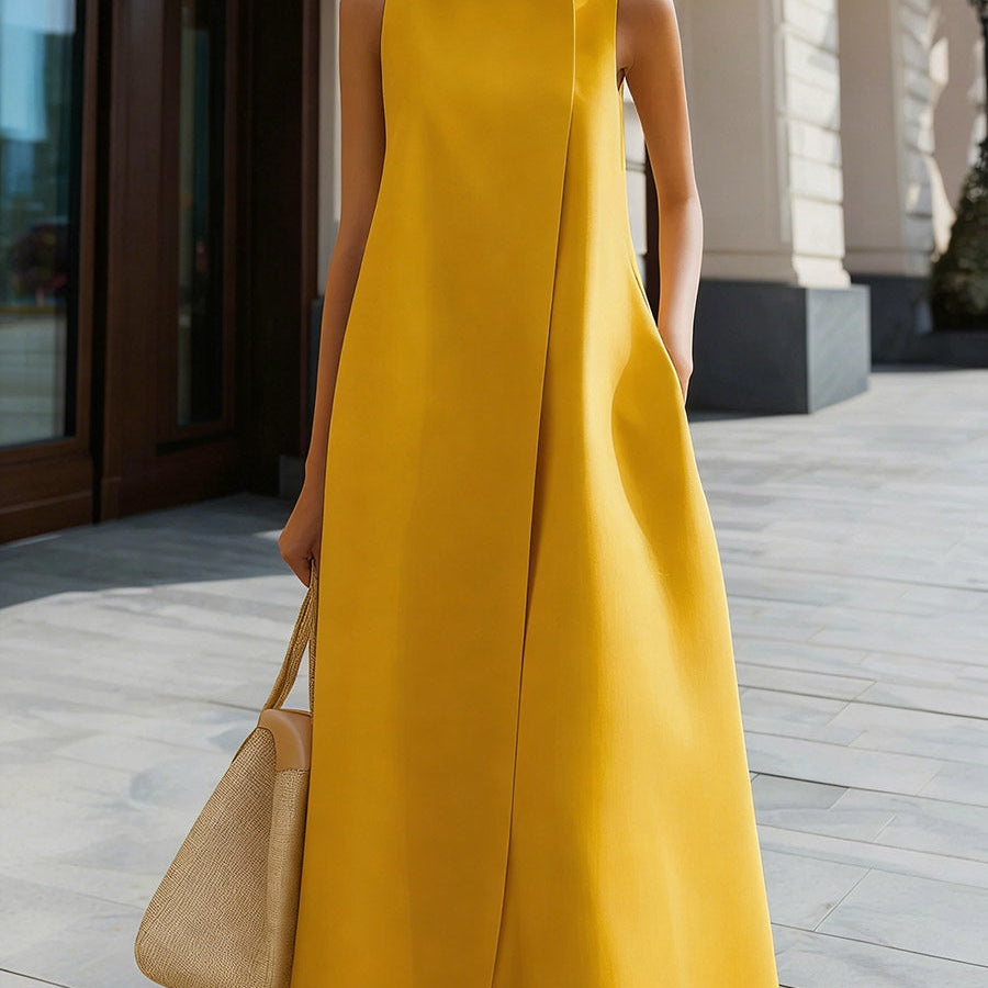 A-Line Maxi Dress with High Neck and Button Detail