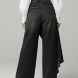 Wide-Leg High-Waisted Denim Pants with Asymmetric Wrap