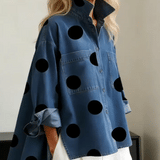 Oversized Polka Dot Denim Blouse with Chest Pockets and Side Slits