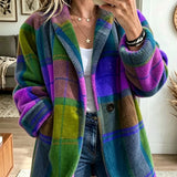 Plaid Fleece Jacket with Lapel Collar and Button Front