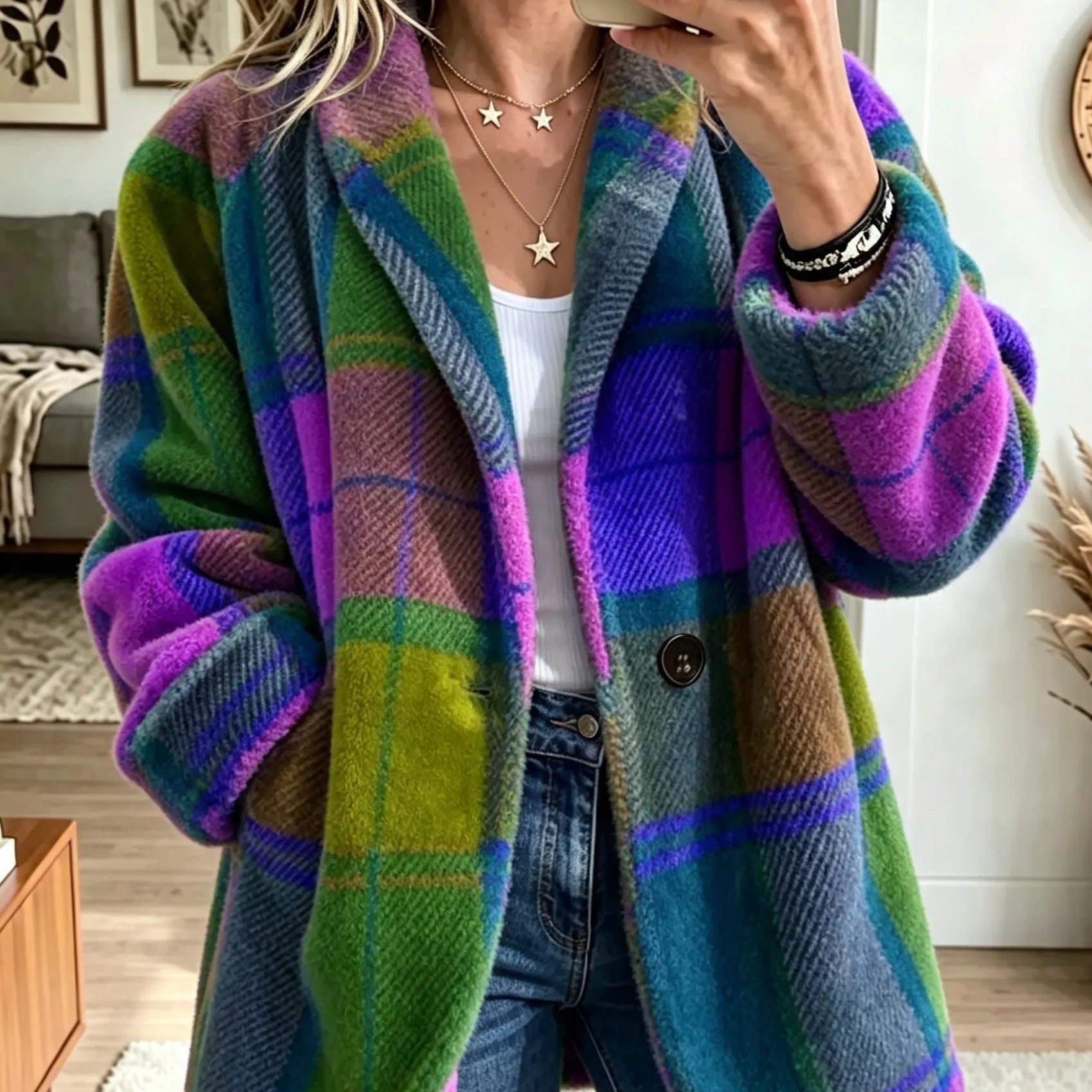 Plaid Fleece Jacket with Lapel Collar and Button Front