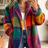 Plaid Fleece Jacket with Lapel Collar and Button Front