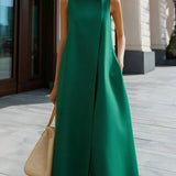 A-Line Maxi Dress with High Neck and Button Detail
