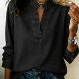 Denim Blouse with Split Neck and Long Sleeves