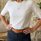 Round Neck Blouse with Half Sleeves and Straight Hem