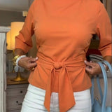Belted Top with Boat Neck and Three-Quarter Sleeves