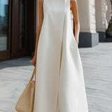 A-Line Maxi Dress with High Neck and Button Detail