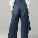 Wide-Leg High-Waisted Denim Pants with Asymmetric Wrap