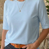 Round Neck Blouse with Half Sleeves and Straight Hem