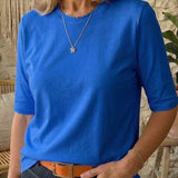 Round Neck Blouse with Half Sleeves and Straight Hem