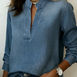 Denim Blouse with Split Neck and Long Sleeves
