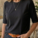 Round Neck Blouse with Half Sleeves and Straight Hem