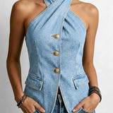 Denim Halter Top with Button Front and Flap Pockets