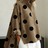 Oversized Polka Dot Denim Blouse with Chest Pockets and Side Slits