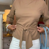 Belted Top with Boat Neck and Three-Quarter Sleeves