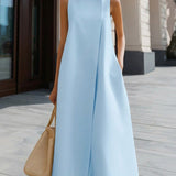 A-Line Maxi Dress with High Neck and Button Detail