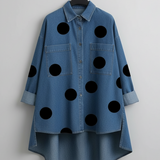 Oversized Polka Dot Denim Blouse with Chest Pockets and Side Slits