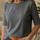 Round Neck Blouse with Half Sleeves and Straight Hem