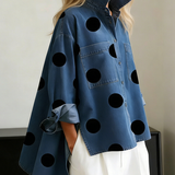 Oversized Polka Dot Denim Blouse with Chest Pockets and Side Slits