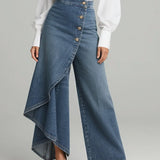 Wide-Leg High-Waisted Denim Pants with Asymmetric Wrap
