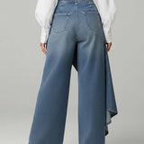 Wide-Leg High-Waisted Denim Pants with Asymmetric Wrap