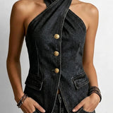 Denim Halter Top with Button Front and Flap Pockets
