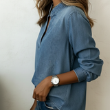 Denim Blouse with Split Neck and Long Sleeves