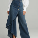 Wide-Leg High-Waisted Denim Pants with Asymmetric Wrap