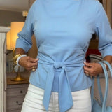 Belted Top with Boat Neck and Three-Quarter Sleeves