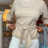 Belted Top with Boat Neck and Three-Quarter Sleeves